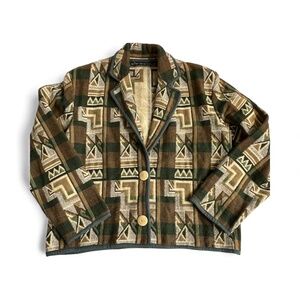 New Identity Tapestry Jacket Blazer Size M Aztec Green Cream Cotton India Short